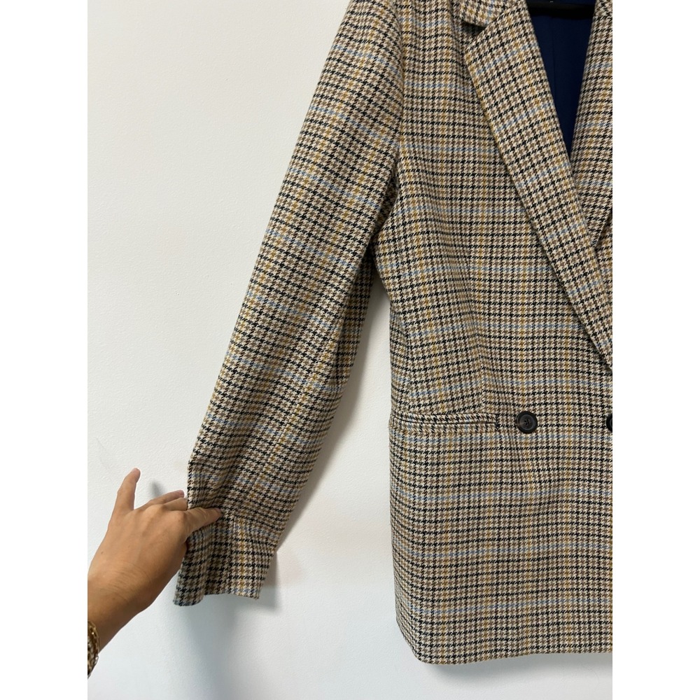Gap Double Breasted Plaid Blazer Women 12 Tall Brown Dark Academia Houndstooth - Picture 2 of 12